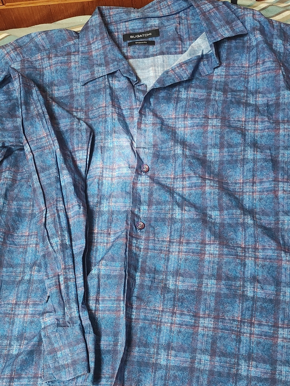 Bugatchi Navy and Red Plaid Casual Button-Down Shirt